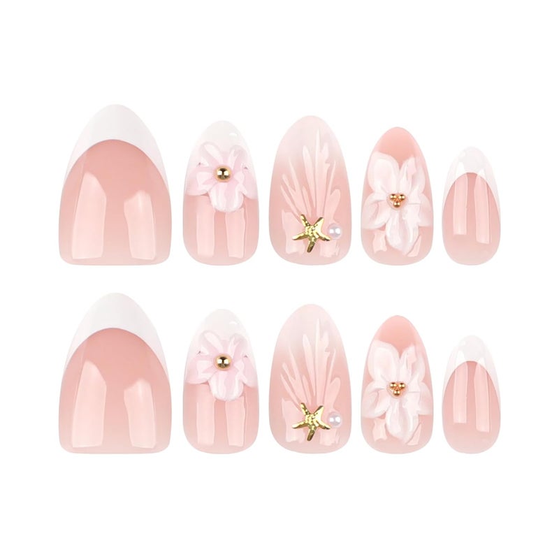 ASABITE 24Pcs Pink Flower Press on Nails Medium Almond Fake Nails with Glue White French Tip False Nails with 3D floral Starfish Pearl Design Cute Almond Nails Press ons Reusable Stick on Nail for Women - Image 5